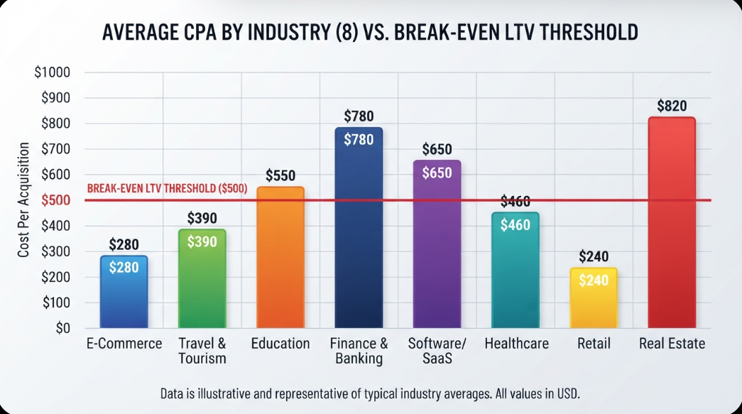 Bar chart comparing average CPA across 8 industries with a break-even LTV threshold line at $500