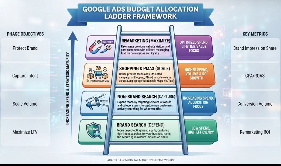 Budget Allocation Ladder framework showing phased Google Ads spend from brand search to remarketing