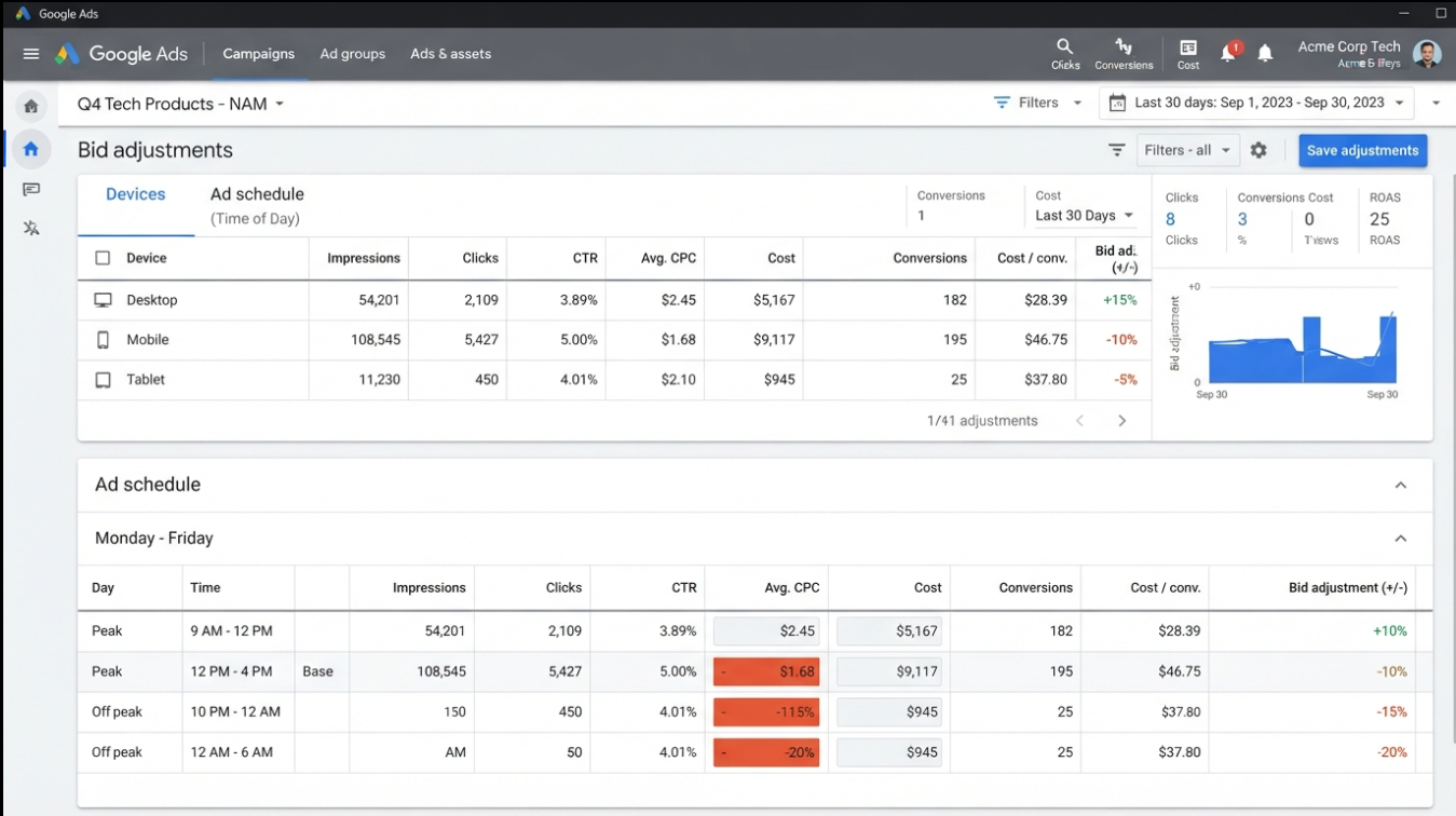 Google Ads bid adjustment dashboard showing device and time-of-day modifiers to lower CPC on underperforming segments