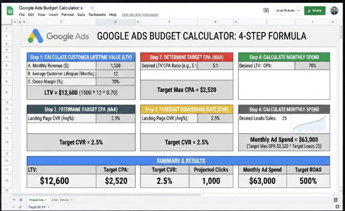 "Google Ads budget calculator spreadsheet showing 4-step formula with example LTV, CPA, and monthly spend"
