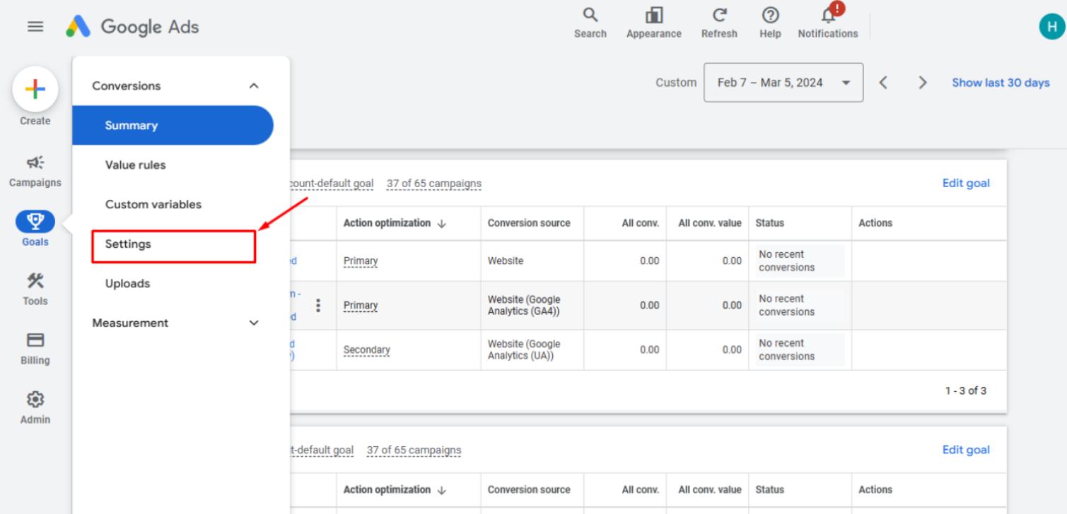 Google Ads conversion settings showing Primary vs. Secondary conversion action toggle