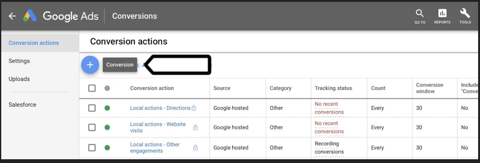Google Ads conversion tracking status showing inactive error