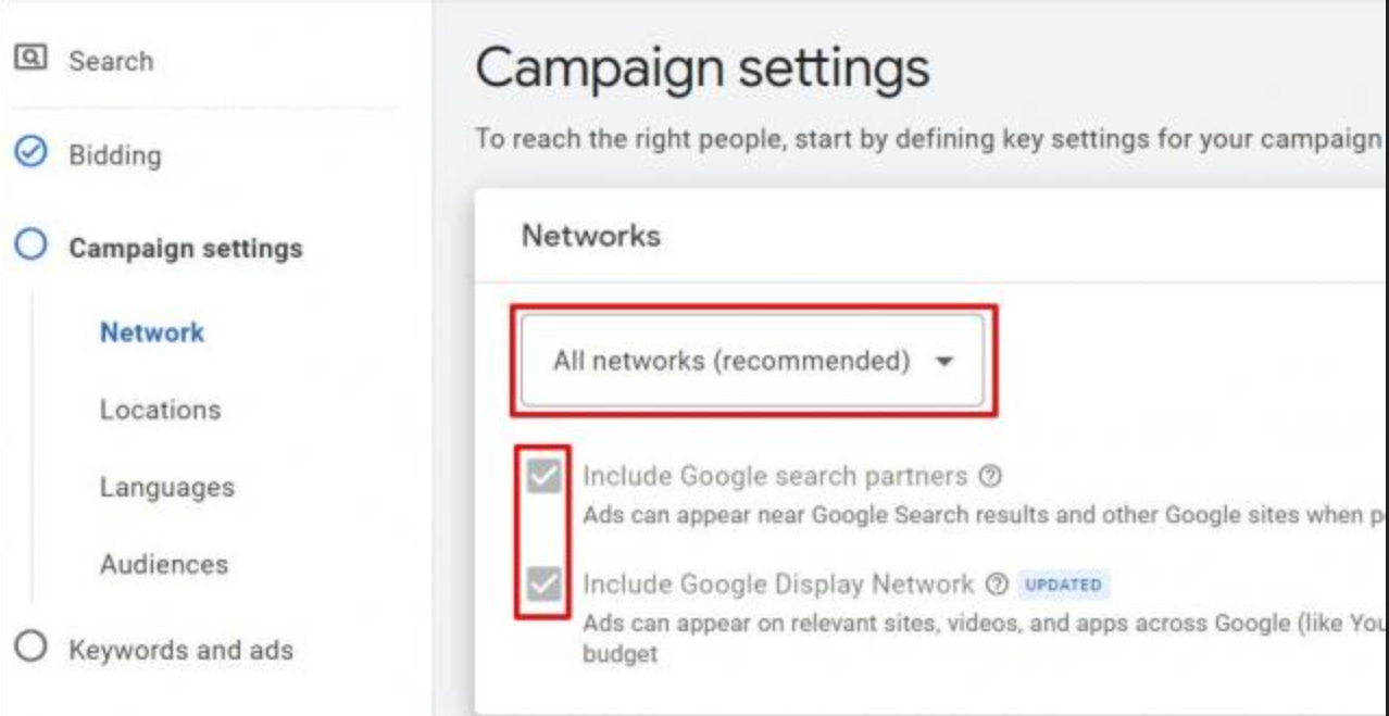 Google Ads default settings Display Network expansion checkbox to turn off