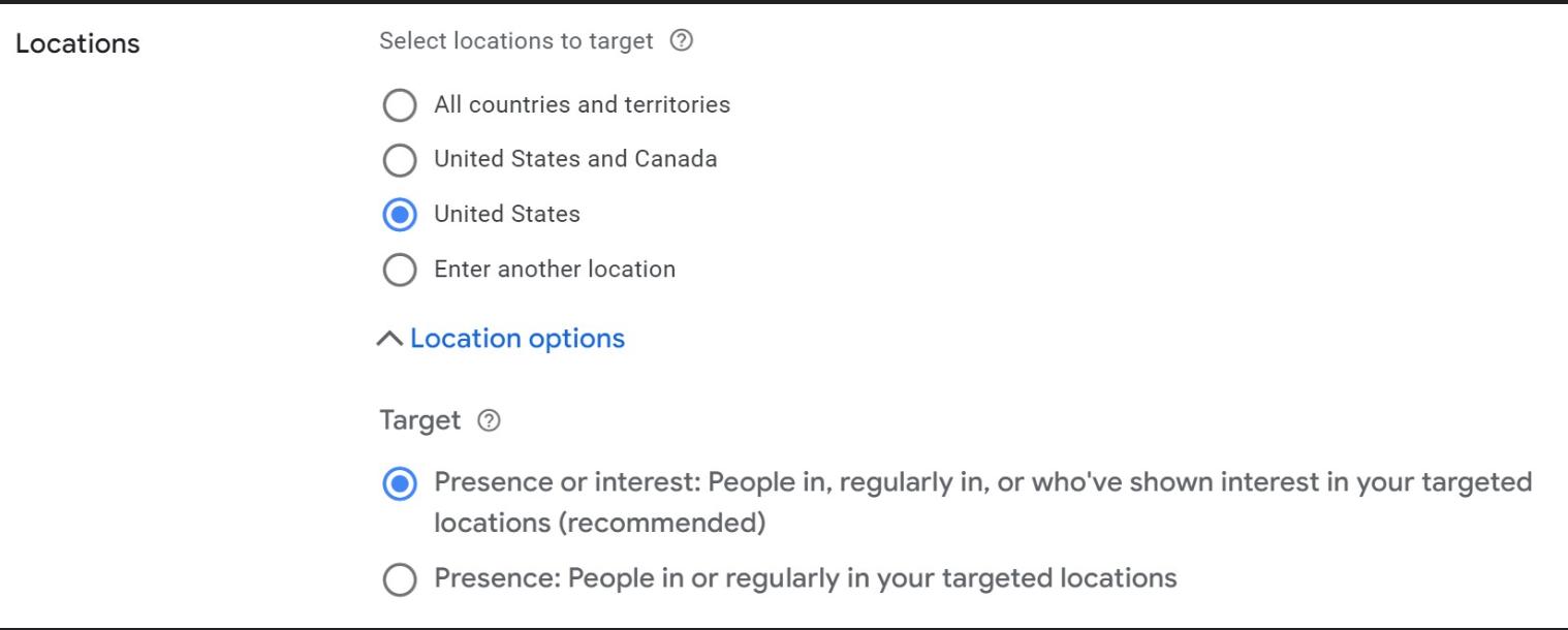 "Google Ads location targeting setting for local service businesses showing presence-only option"
