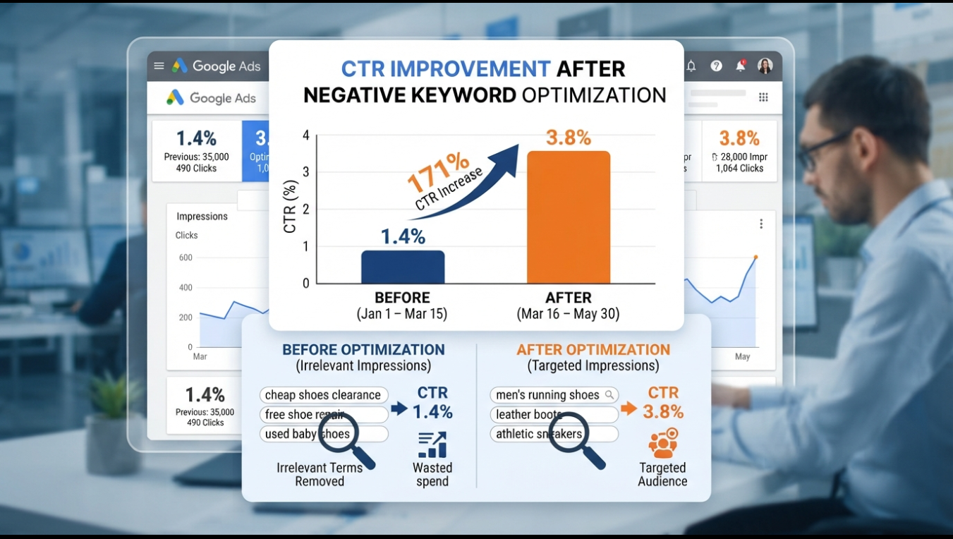 Google Ads negative keyword optimization showing CTR improvement from 1.4% to 3.8% after eliminating irrelevant impressions