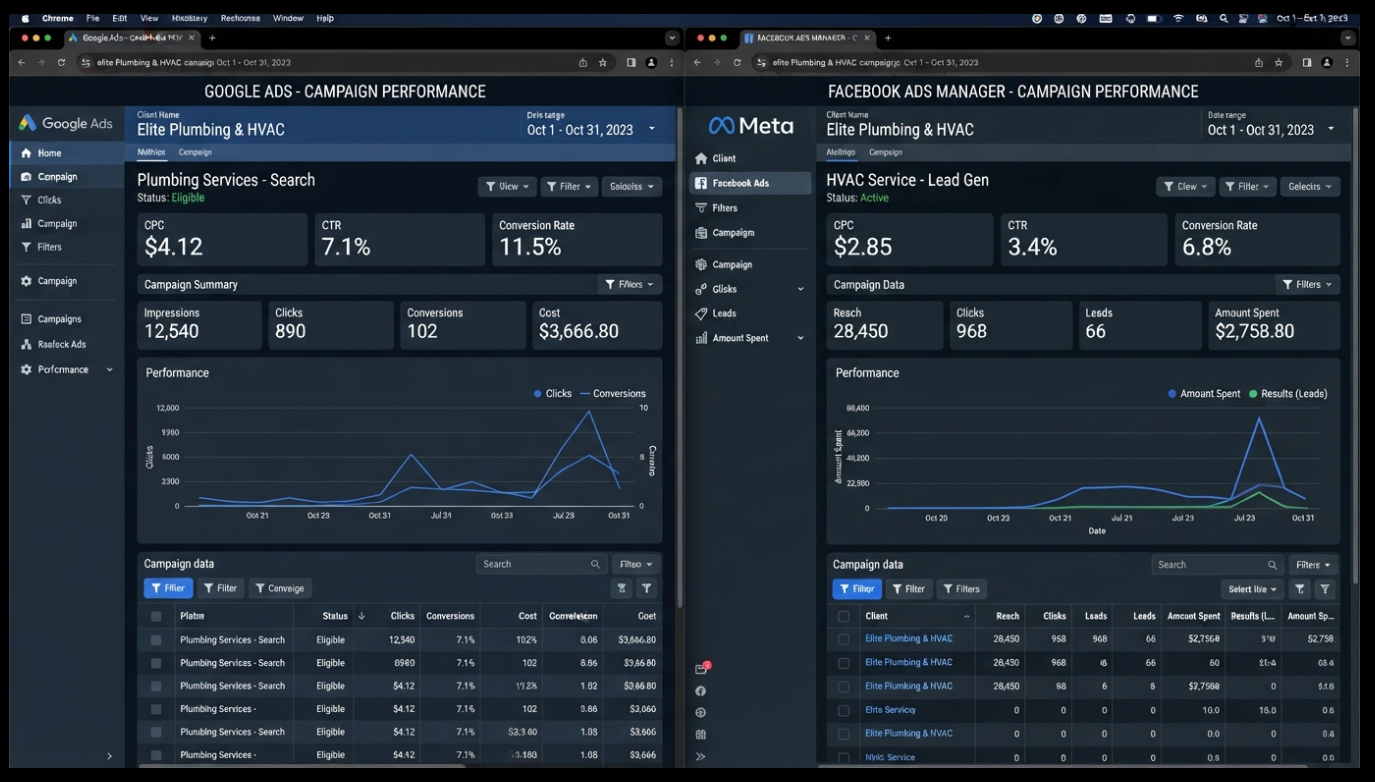 Google Ads vs Facebook Ads cost comparison dashboard showing CPC, CTR, and conversion rate for local service business