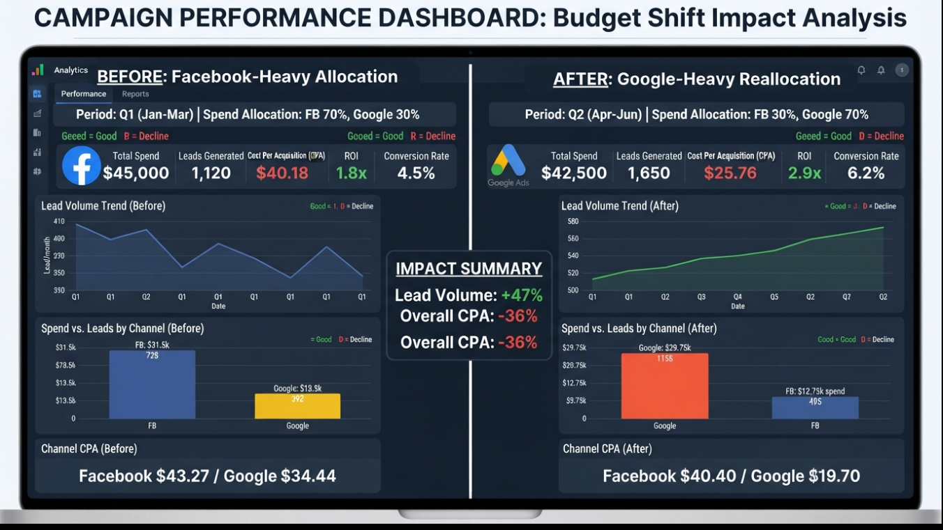 Google Ads vs Facebook Ads split test results showing 73% more leads at 43% lower CPA after budget reallocation
