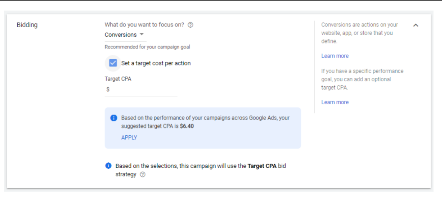 How to set target CPA bid in Google Ads campaign settings