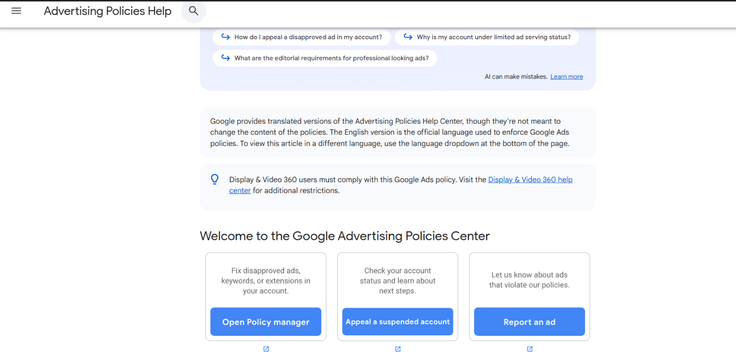 trademark disapproval Google Ads policy manager view