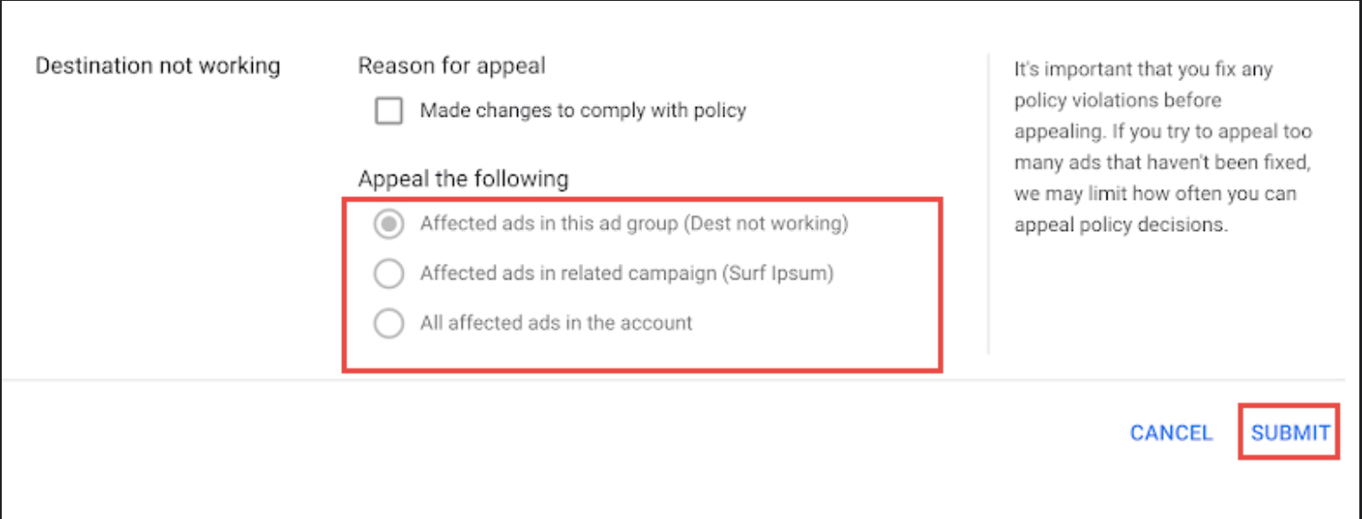 Google Ads policy violation appeal submission form