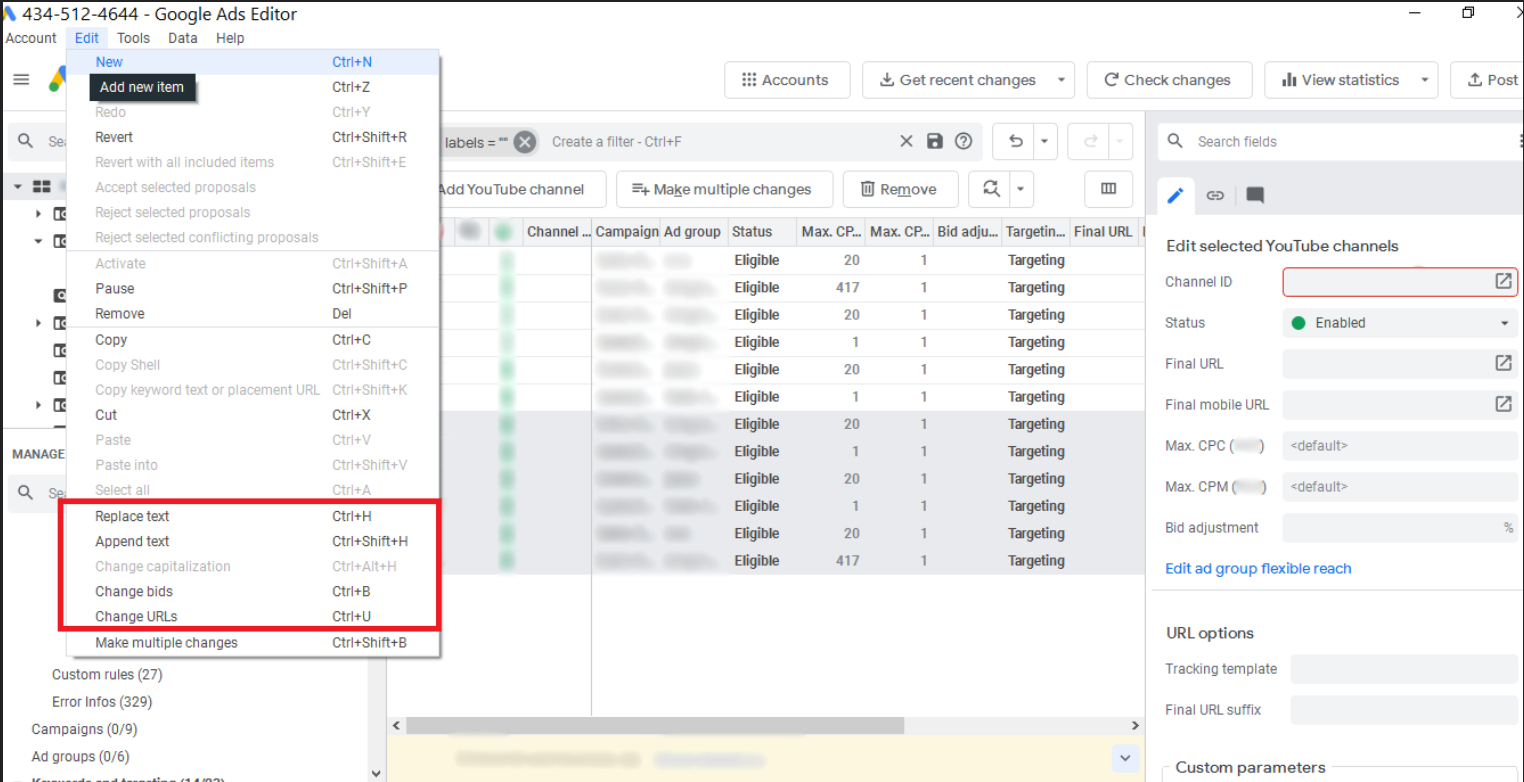 google ads editor sync get recent changes menu path