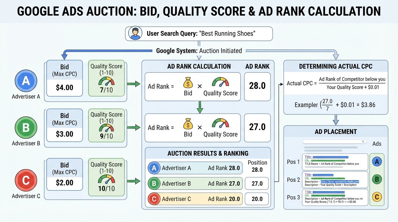 Google Ads auction diagram showing bid, Quality Score, and Ad Rank calculation