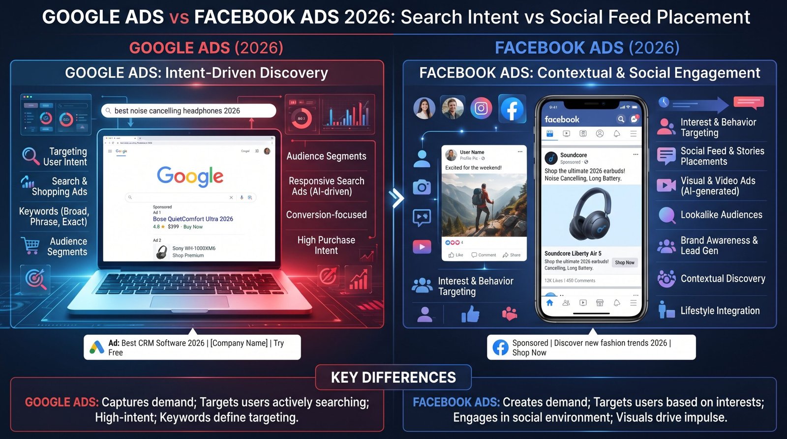 Google Ads vs Facebook Ads 2026 comparison showing search intent vs social feed placement